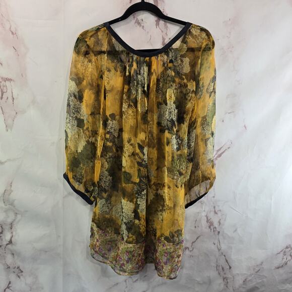 Arrata Silent Journey Shirt Womens Medium Silk Blouse Sheer Yellow Floral Button - Picture 6 of 14